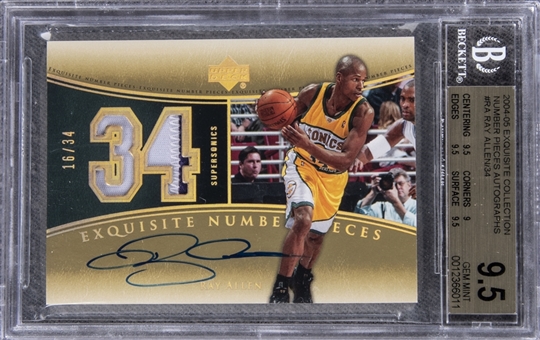2004-05 UD "Exquisite Collection" Number Pieces Autographs #RA Ray Allen Signed Game Used Patch Card (#16/34) – BGS GEM MINT 9.5/BGS 9